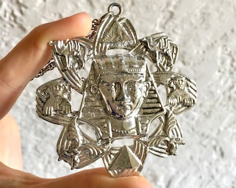 Vintage Egyptian Revival Silver Plate Big Medallion Pendant Necklace