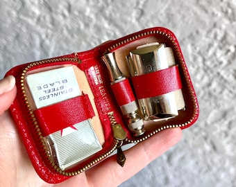 Vintage Red Leather Gillette Mini Travel Shaving Razor Kit - Made in Austria