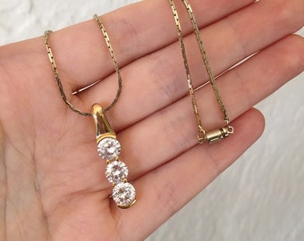 Gold Plated Three Cubic Zirconia Long Pendant Necklace