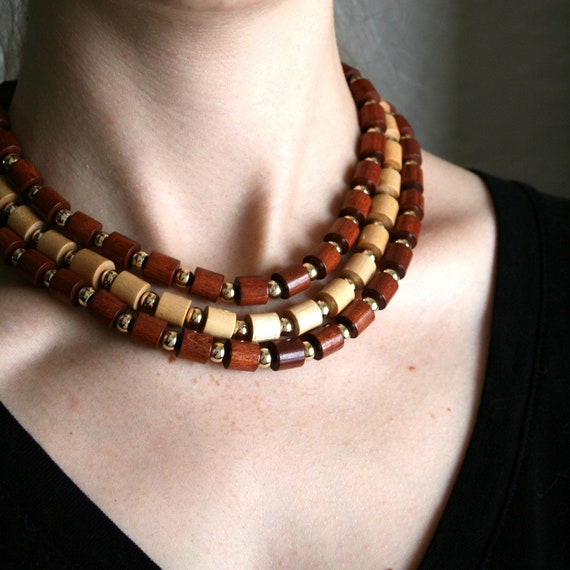 Mid Century Wood Bead Multi Strand Necklace