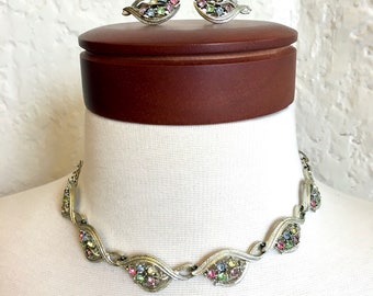 Signed Star Pastel Silver Rhinestone Choker and Earring Set