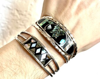 Vintage Alpaca Silver Plated Abalone Inlay Mexico Cuff Bracelets