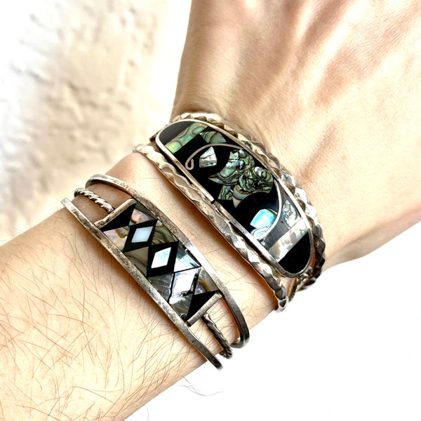 Vintage Alpaca Silver Plated Abalone Inlay Mexico Cuff Bracelets