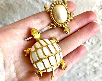 Two Gold Turtle Costume Pearl Brooches