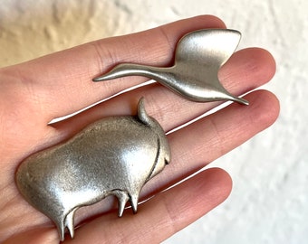 Minimalist Goose and Bison Buffalo Pewter Colored Brooches