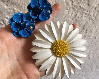 Vintage Enamel Daisy and Blue Flower Earrings