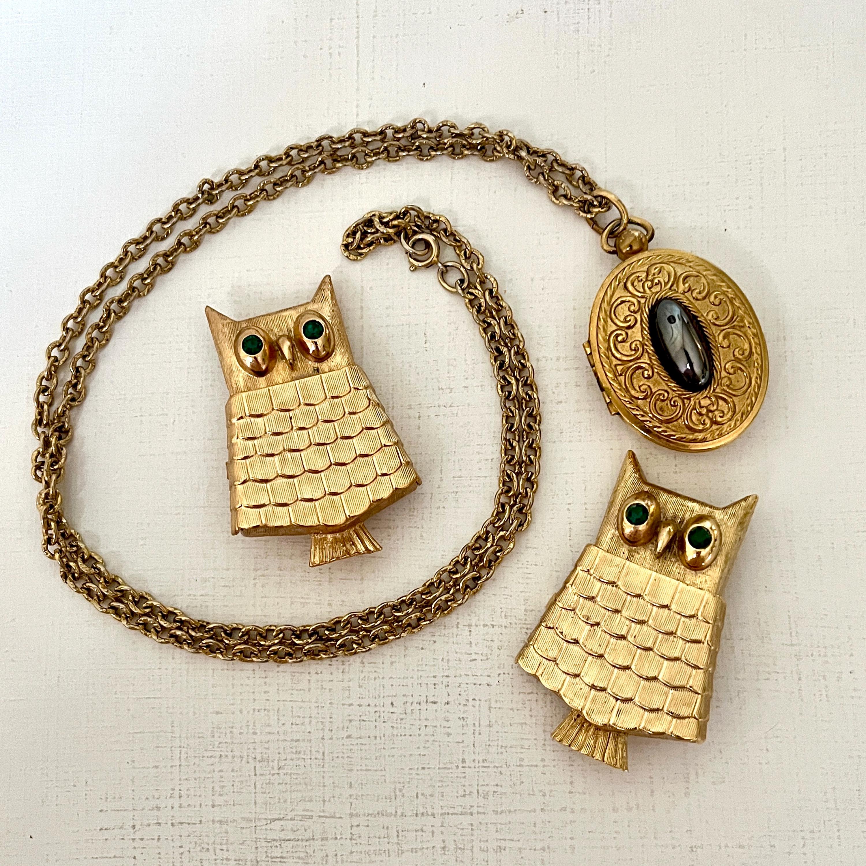 Lot of Three Avon Perfume Gold Owl Brooches and Locket Necklace