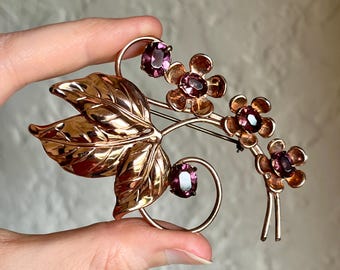 Vintage Rose Gold Sterling Vermeil Floral Spray Brooch Pin with Purple Glass Rhinestones
