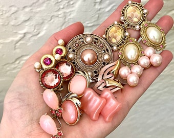 Lot of 9 Pairs of Gold Pink Pearl Earrings and Brooch