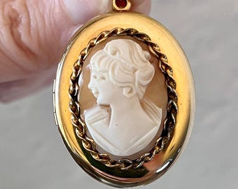 Vintage Worn Gold Filled Carved Shell Oval Cameo Locket for Necklace