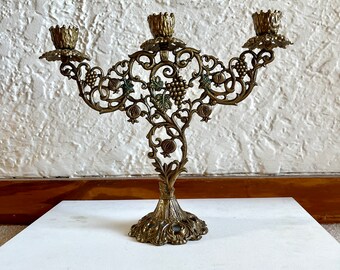 Vintage Israel Grapes and Pomegranate Elaborate Brass Candelabra