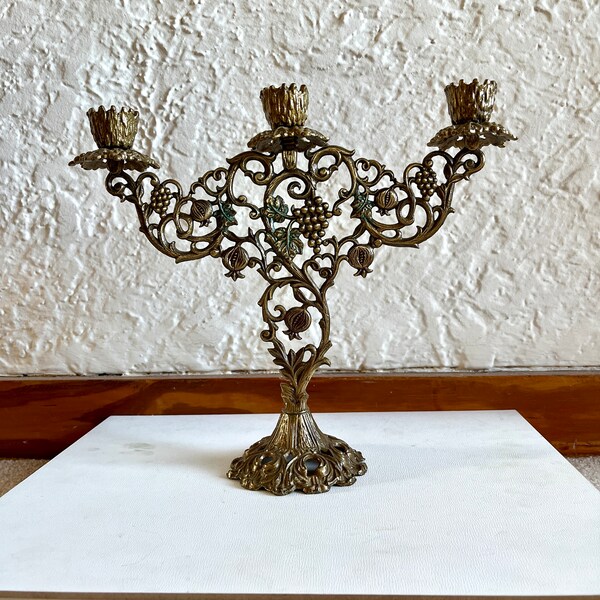 Vintage Israel Grapes and Pomegranate Elaborate Brass Candelabra