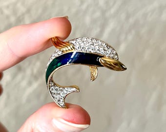 Vintage Signed Enamel Crystal Atwood & Sawyer Dolphin Brooch Pin