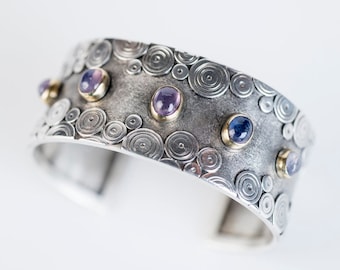 Aleutian Natural Sapphire Cuff Bracelet in 18k Gold & Silver, Purple, Blue, Unheated, Handmade, Hand Fabricated