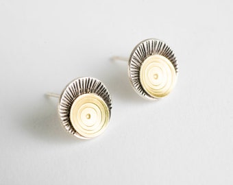 Iona Sunburst Post Earrings, 18k Gold & Sterling Silver, Oxidized Silver, Two Toned Metal, Hand Stamped, Hand Fabricated Jewelry