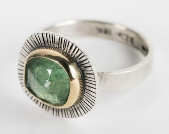 Sorento Green Tourmaline Ring in 18k Gold & Silver, US size 6, Sage Green, Hand Fabricated, Hand Stamped, Petite Ring, Stacking Ring