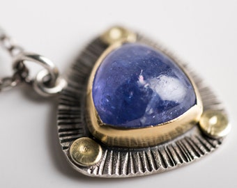 Perth Tanzanite Mini Pendant Necklace, 18k Gold, Sterling Silver, Cornflower Blue, Purple, Natural Gemstone, Hand-stamped, Hand Fabricated