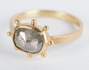 Hailey Grey Diamond Ring in 18k Gold, Size 6 1/2, Granule Halo, Hand Fabricated, Handmade, One of a Kind, Engagement