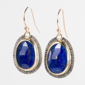Sorento Lapis Lazuli Earrings in Gold & Silver, Royal Blue, Hand Stamped, Rose Cut, Dangle