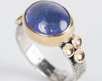 Kenai Tanzanite Ring in 18k Gold & Silver, Size 6 1/2, Seascape Collection, Periwinkle Blue, Purple, Hand Fabricated, Hand Stamped