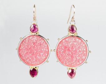 Aurora Carved Quartzite, Pink Tourmaline Earrings in Gold and Silver, Pink, Peach, Hand Fabricated Jewelry, Fine Jewelry