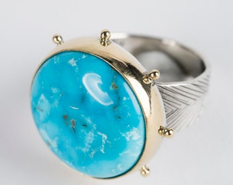 Amalfi Sierra Bella Turquoise Ring, US size 7, 18k Gold & Silver, Granule Halo, High-grade Turquoise, Blue, Hand Fabricated, Handmade