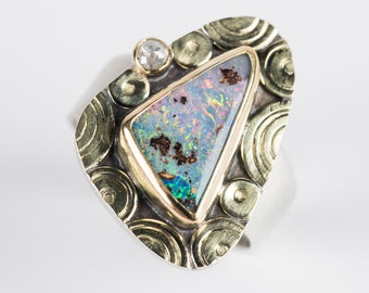 Madeira Boulder Opal & Diamond Ring, size 7 1/2, Fine Jewelry, Precious Gemstones, Hand Fabricated Jewelry, Contemporary Jewelry