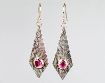 London Pink Tourmaline Dangle Earrings in Gold & Hand Stamped Silver, Hand Fabricated, Kite Shaped, Edgy Fine Jewelry, Geometric Jewelry