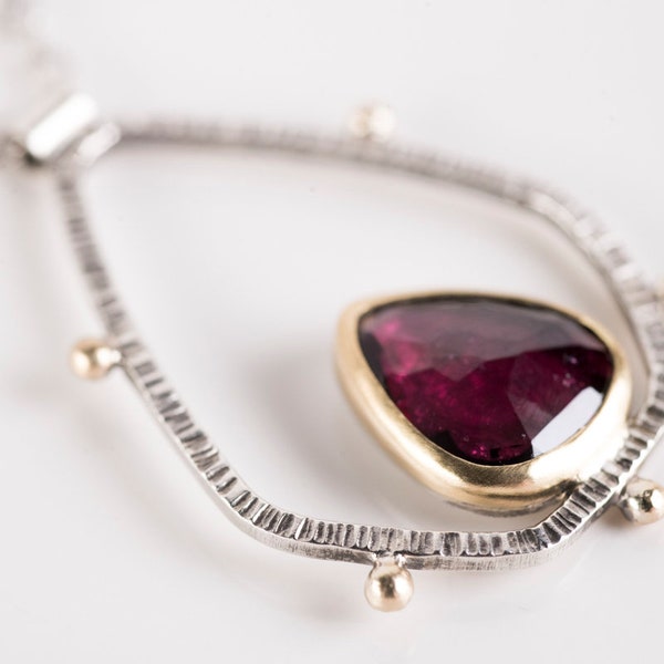 Oberon Rhodolite Garnet Necklace in Solid Gold & Silver, Hand Stamped, Hand Fabricated Jewelry, Red Gemstone, Two Toned Metal