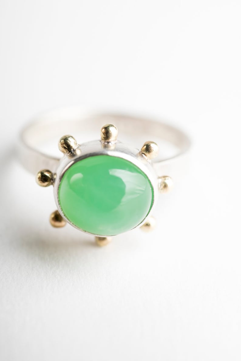 Hand Fabricated Bright Green Silver /& Gold Hailey Chrysoprase Ring w Gold Granule Halo