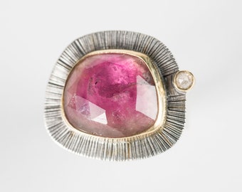 Milan Watermelon Tourmaline and Diamond Ring in 18k Gold & Silver, US 8 1/2, Hand Stamped, Hand Fabricated, Pink, Green