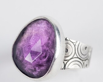 Majorca Amethyst Ring in Silver, US size 7 1/2, Saddle Band, Purple Gemstone, Hand Stamped, Hand Fabricated, Atoll Collection, Guki Khalsa