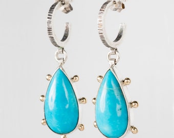 Chiron Turquoise Earrings in Silver Bezel w/ Gold Granule Halo on Hoops, Sky Blue, Hand Fabricate Hoops, One of a Kind