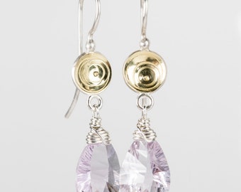 Elsa Pink Amethyst Teardrop Dangle Earrings in 18k Gold & Oxidized Sterling Silver, Purple, Natural Gemstone