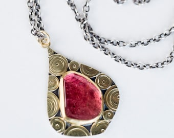 Mustique Rose Pink Tourmaline Scroll Pendant in 22k & 18k Gold and Silver, Patchwork, Hand Fabricated, Guki Khalsa, One of a Kind