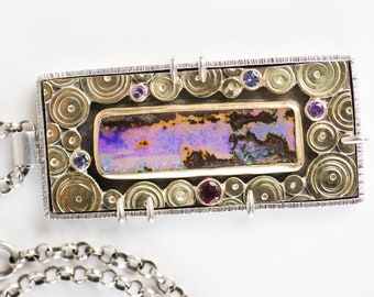Oleron Boulder Opal, Lavender Sapphire, Pink Tourmaline, Tanzanite, Pendant Necklace in 18k Gold & Silver, Shadow Box, Fine Jewelry