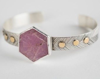 Geneva Raw Pink Sapphire Geometric Cuff Bracelet in Silver & Gold, Hexagon, Hand stamped, Lux Industrial, Edgy Fine Jewelry, Guki Khalsa