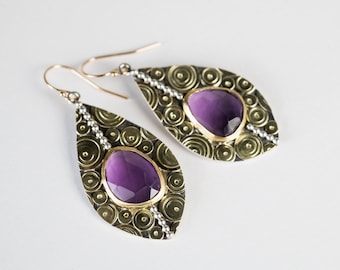 Kimito Amethyst Earrings in Gold & Silver, Purple Gemstone, Atoll Patchwork Design, Hand Fabricated Jewelry