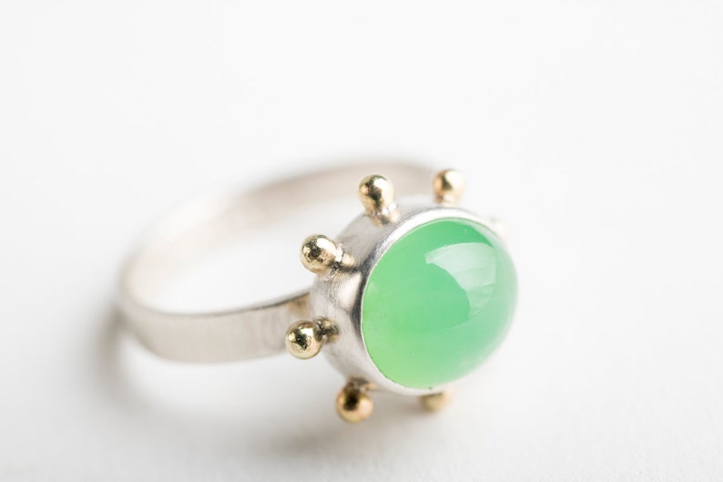 Hand Fabricated Bright Green Silver /& Gold Hailey Chrysoprase Ring w Gold Granule Halo