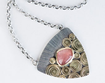 Antigua Rose Pink Tourmaline Patchwork & Sunburst Pendant in 18k Gold, Silver, Hand Fabricated, Hand Stamped, Guki Khalsa