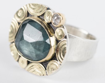 Madeira Moss Aquamarine & Diamond Ring, US size 6 1/2, Fine Jewelry, Precious Gemstones, Hand Fabricated Jewelry, Contemporary Jewelry