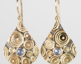 Mustique Blue Sapphire Drop Earrings in Solid Gold and Sterling Silver, Hand Fabricated, Concentric Circle, Atoll Collection, Fine Jewelry