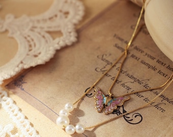 Collana a farfalla, collana a farfalla con perle, collana a farfalla per bambine fate, collana a farfalla magica - Collana Mariposa