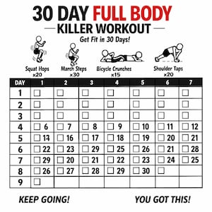 Peut inclure: Un tableau d'entraînement noir et blanc intitulé "30 Day Full Body Killer Workout". Il présente des illustrations d'exercices : sauts accroupis, pas de marche, crunchs à vélo et tapes d'épaules. Le tableau est conçu pour suivre les progrès sur 30 jours.