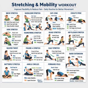 Può includere: Un'infografica dettagliata che illustra un allenamento di stretching e mobilità. L'immagine presenta vari esercizi con istruzioni, tra cui stretching del collo, delle spalle e dei muscoli posteriori della coscia, progettati per migliorare la flessibilità e ridurre il dolore.