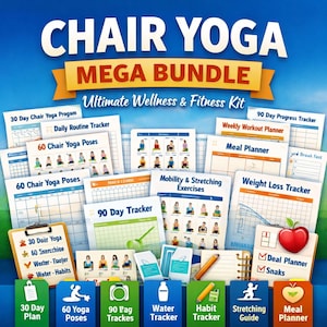 Peut inclure: Un ensemble Chair Yoga Mega Bundle avec divers trackers de bien-être et de fitness. Comprend un plan de 30 jours, 60 poses de yoga, un tracker de 90 jours, un tracker d'eau, un tracker d'habitudes, un guide d'étirements et un planificateur de repas.