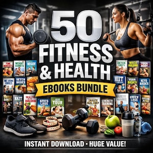 Peut inclure: Publicité pour un lot de 50 ebooks axés sur le fitness et la santé. L'image présente un homme et une femme en train de s'entraîner, ainsi que divers articles liés au fitness tels que des haltères, des baskets et un mètre ruban. Le texte indique "50 Fitness & Health Ebooks Bundle."