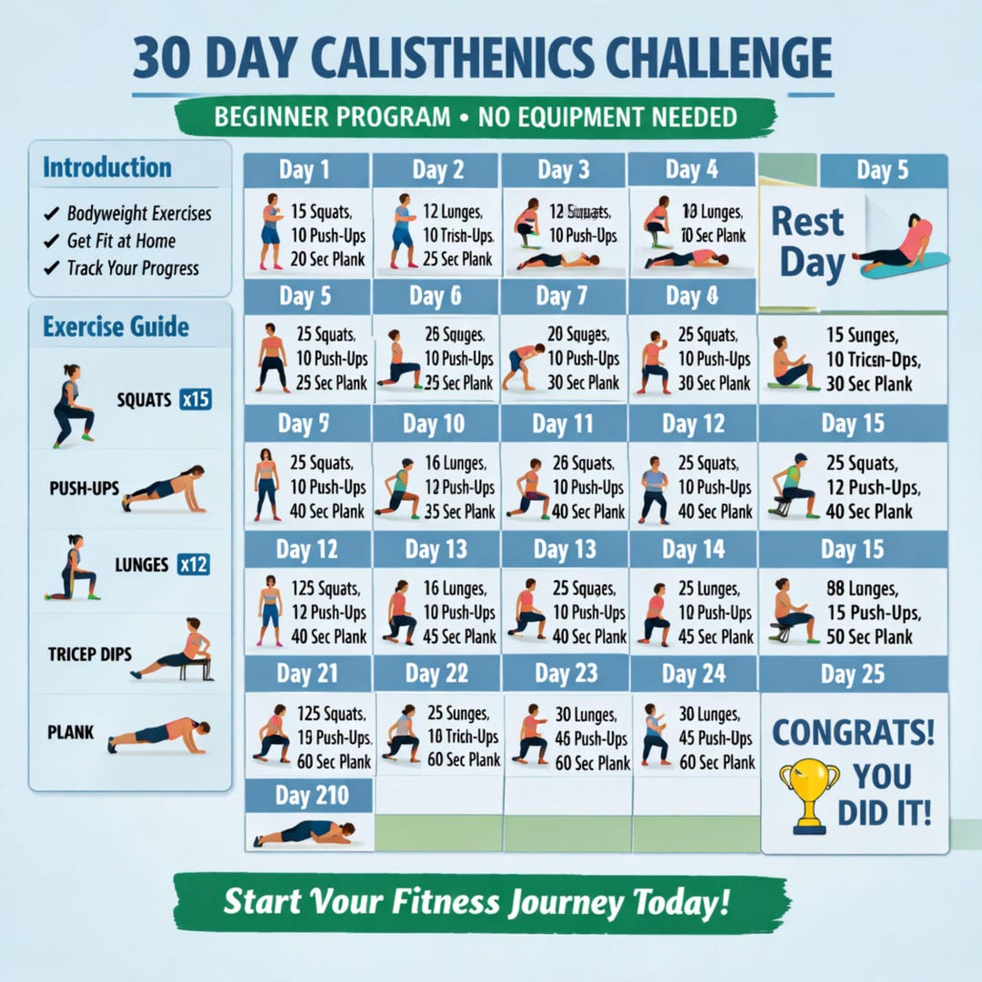 30 Day Fitness Challenge Printable , Bodyweight Workout Chart ...