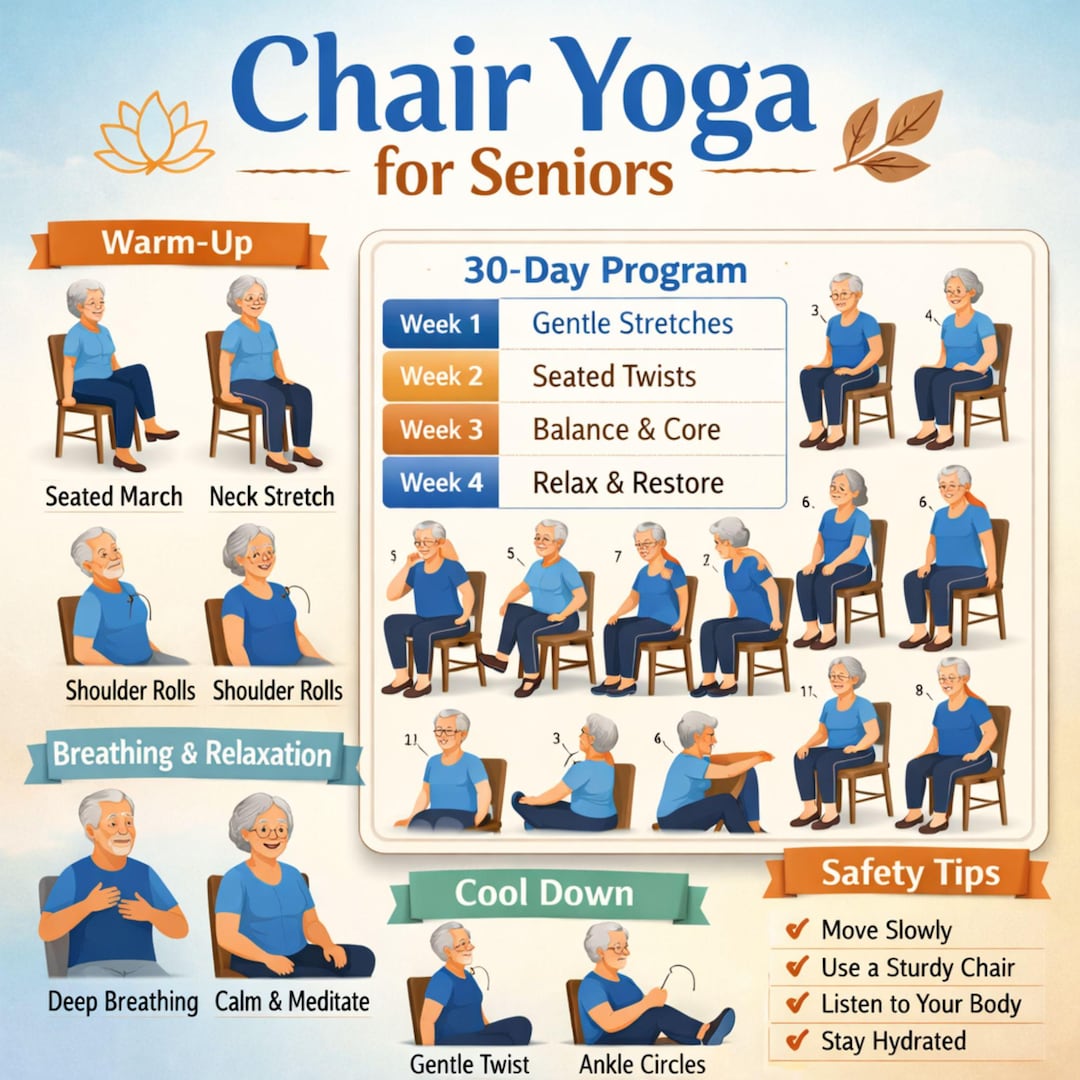 30 Day Chair Yoga for Seniors Printable PDF, Seated Yoga Workout Plan ...