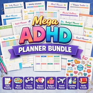 Peut inclure: Un ensemble de pages de planificateur colorées avec le texte "Mega ADHD Planner Bundle". Le lot comprend des planificateurs pour la planification quotidienne, les repas, la forme physique, le bien-être mental, le budget, les voyages, le nettoyage et les objectifs d'étude.